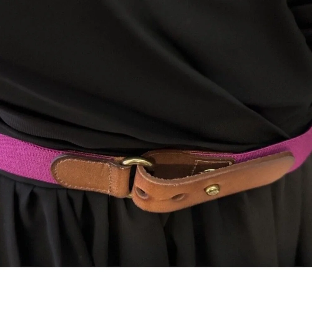 Loft Purple Elastic Cinch Belt Tan Leather Metal Stud Closure Vintage Chic 47-36